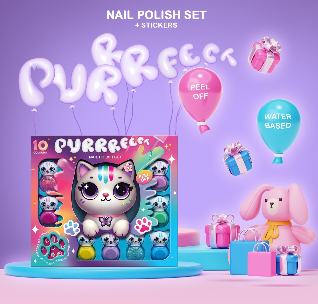 Purrfect Cat Shaped Kids Nail Polish Set